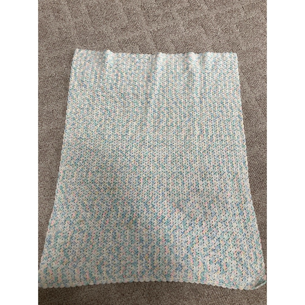 vintage Baby Blanket Crochet Afghan Pastel Handmade 38x 30Crib pink blue yello